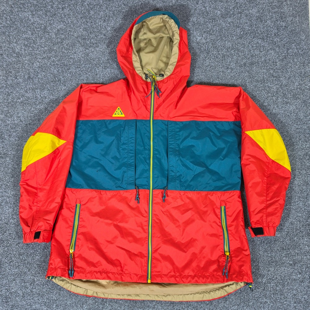 Nike ACG Mens Red Teal Colorblock Ripstop Hooded Windbreaker Jacket Size M